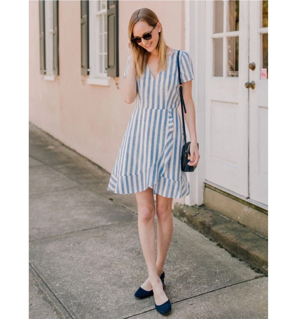 J.Crew Striped Faux Wrap Dress Striped Casual Preppy Short Sleeve Back Zip
